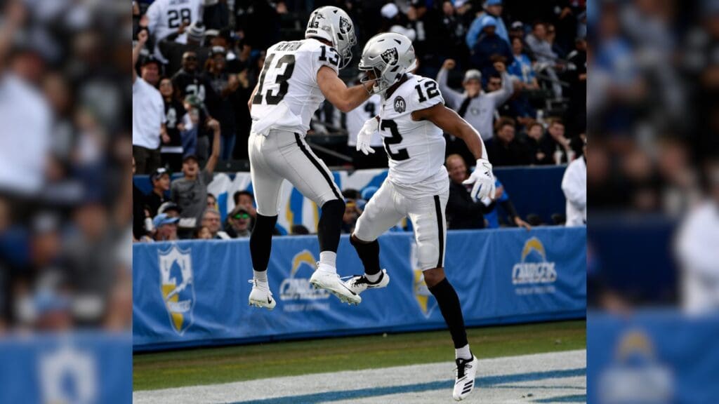 Dec 22, 2019; Carson, California, USA; Oakland Raiders wide receiver Hunter Renfrow (13) celebrates with teammate Zay Jones (12) after scoring on a 56 yard pass play against the Los Angeles Chargers at Dignity Health Sports Park