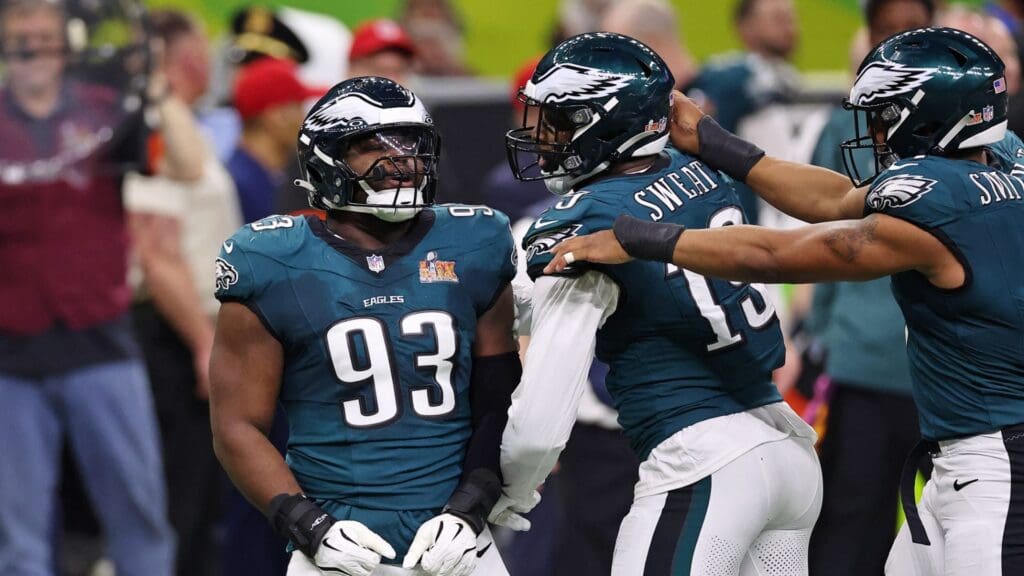 Feb 9, 2025; New Orleans, LA, USA; Philadelphia Eagles defensive tackle Milton Williams (93) celebrates with defensive end Brandon Graham (55) after a play against the Kansas City Chiefs during the first half of Super Bowl LIX at Caesars Superdome