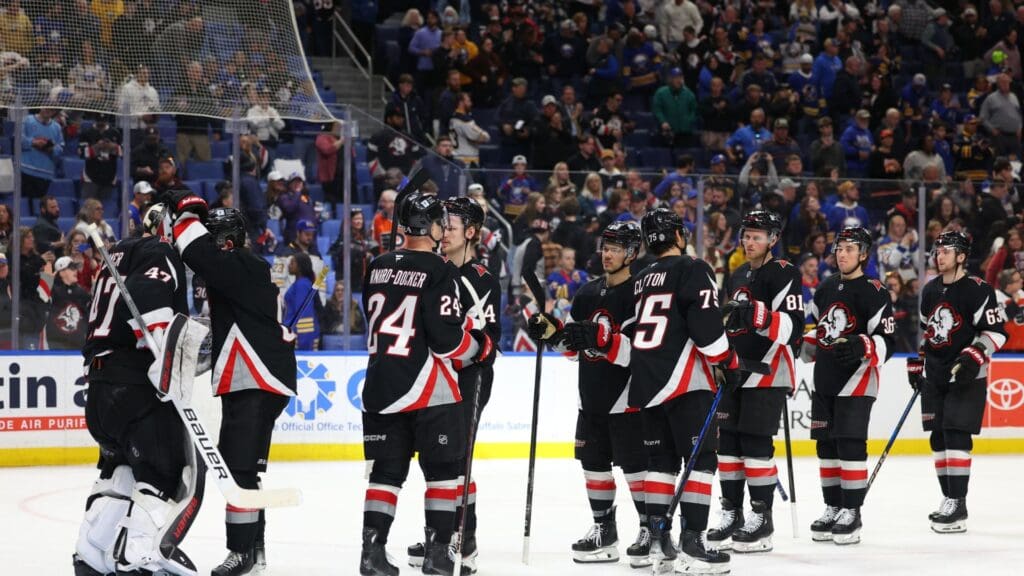 Apr 17, 2025; Buffalo, New York, USA; The Buffalo Sabres celebrate a win over the Philadelphia Flyers at KeyBank Center