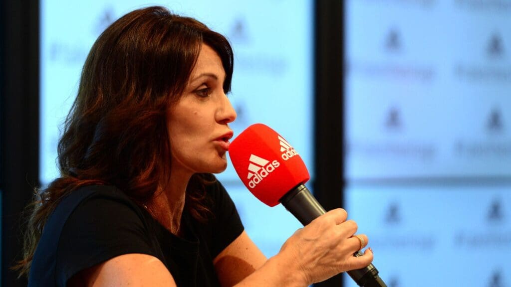 Jul 25, 2012; London, United Kingdom; Nadia Comaneci addresses the media during a press conference at the Adidas London Lounge at the Westfield Shopping Centre