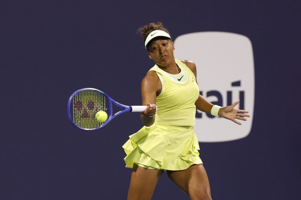 Mar 20, 2025; Miami, FL, USA; Naomi Osaka (JPN) hits a forehand against Liudmila Samsonova (not pictured) on day three of the Miami Open at Hard Rock Stadium. Mandatory Credit: Geoff Burke-Imagn Images