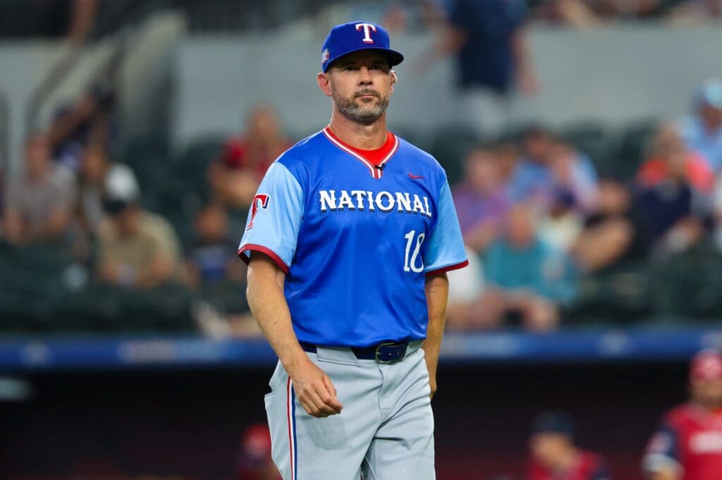 Jul 13, 2024; Arlington, TX, USA; National League Future team manager Michael Young during the game against the American League Future team during the Major league All-Star Futures game at Globe Life Field.