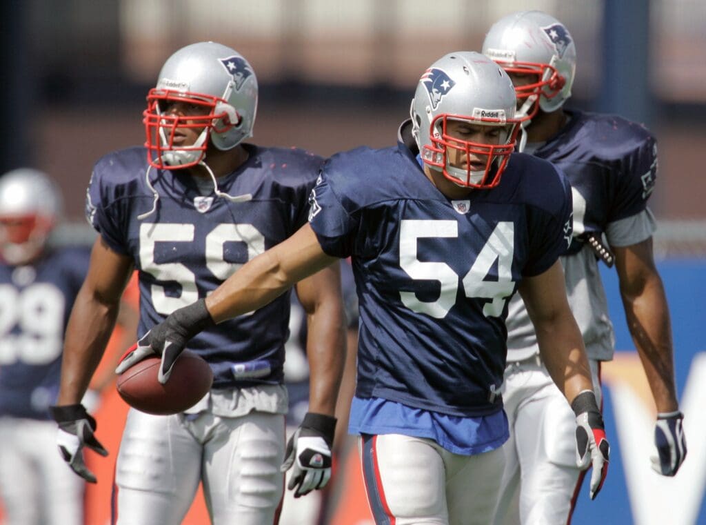 July 30, 2008; Foxboro, MA, USA; New England Patriots linebacker Tedy Bruschi (54) during training camp at Gillette Stadium. 