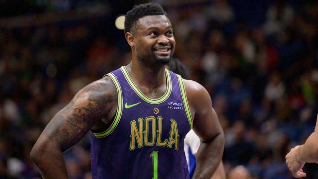 Mar 17, 2025; New Orleans, Louisiana, USA; New Orleans Pelicans forward Zion Williamson (1) reacts during the first half against the Detroit Pistons at Smoothie King Center