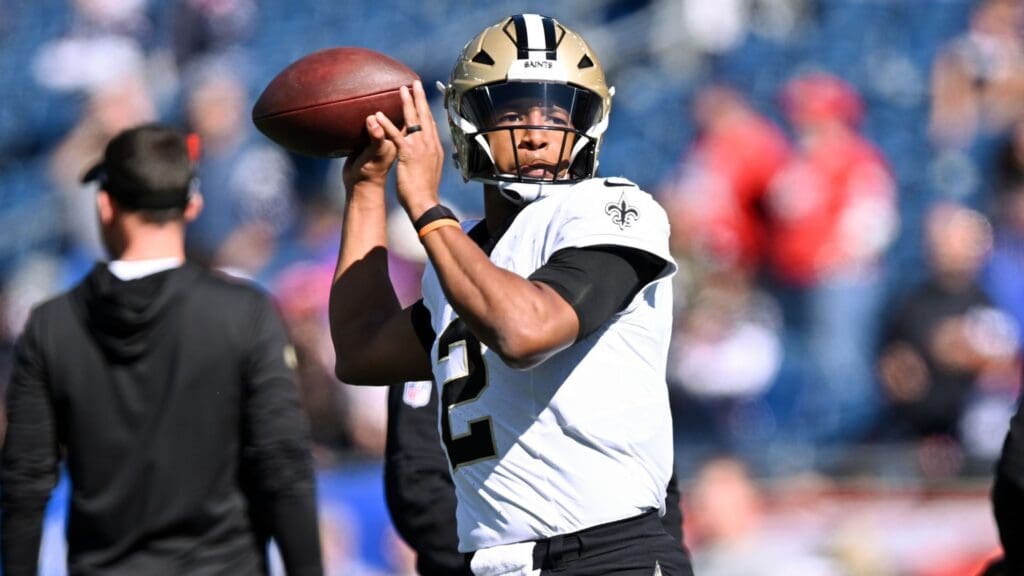 Oct 8, 2023; Foxborough, Massachusetts, USA; New Orleans Saints quarterback Jameis Winston (2) throws the ball during warmups before a game against the New England Patriots at Gillette Stadium.