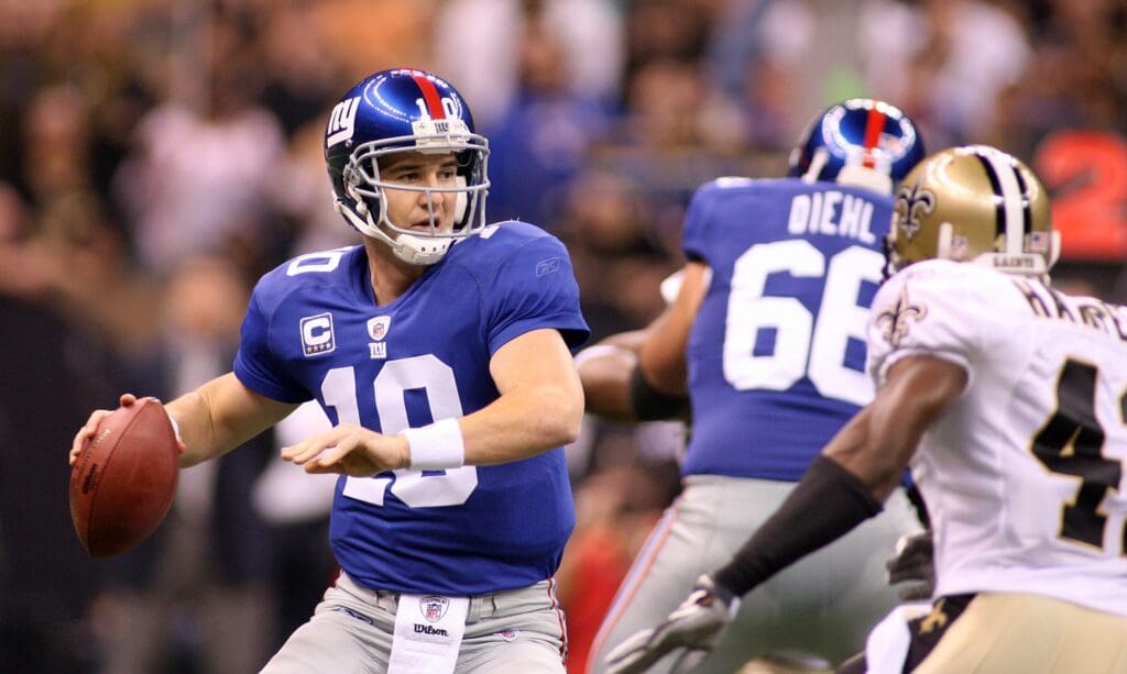 Oct. 18, 2009; New Orleans, LA, USA; New York Giants quarterback Eli Manning (10) drops back to pass against the New Orleans Saints during 1st quarter at the Louisiana Superdome.