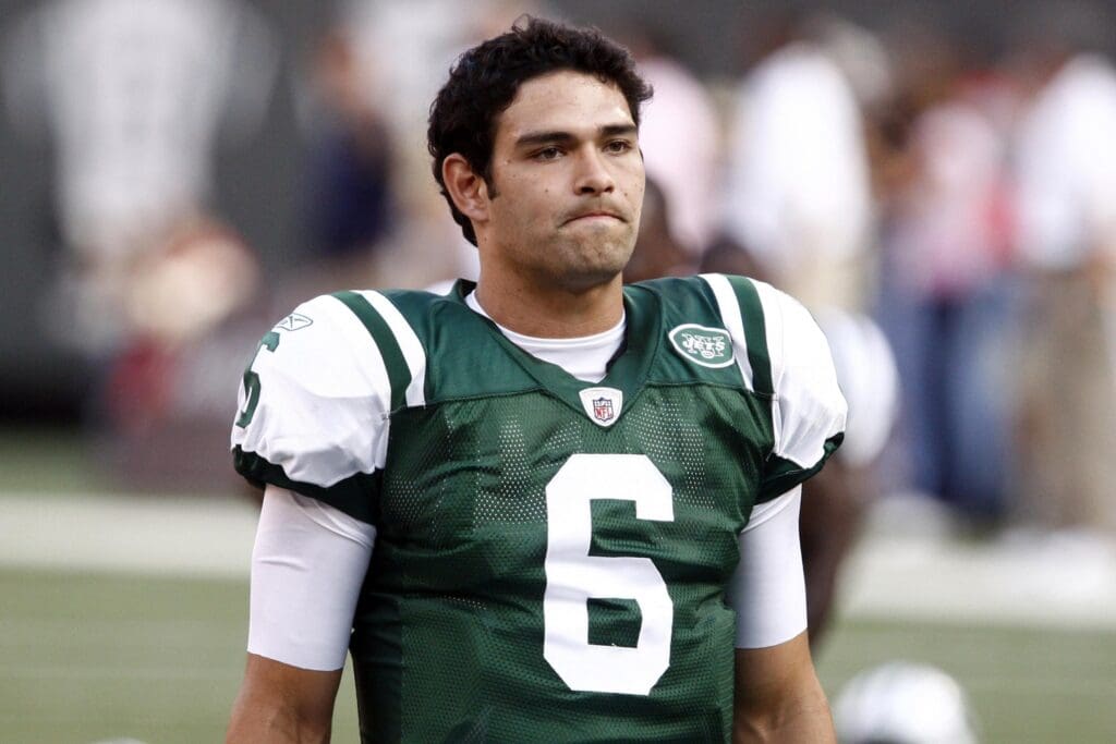 Aug 14, 2009; East Rutherford, NJ, USA; New York Jets quarterback Mark Sanchez (6) warms up before the game against the St. Louis Rams at Giants Stadium.
