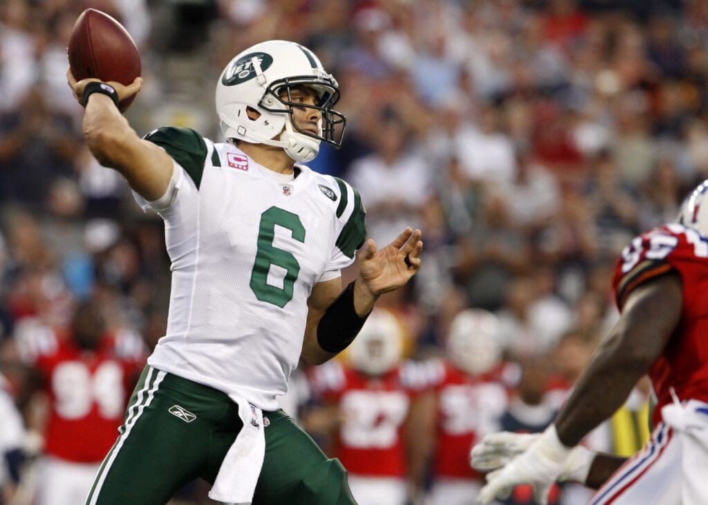 Oct 9, 2011; Foxborough, MA, USA; New York Jets quarterback Mark Sanchez (6) throws a pass in the third quarter against the New England Patriots at Gillette Stadium. The Patriots defeated the Jets, 30-21.
