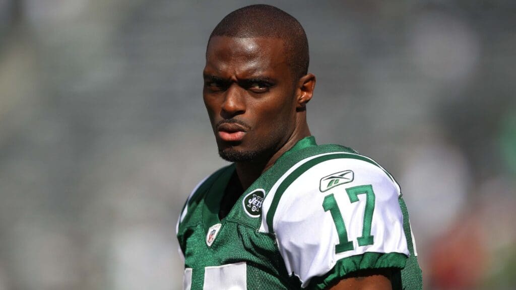 Oct 23, 2011; East Rutherford, NJ, USA; New York Jets wide receiver Plaxico Burress (17) warms up before a game against the San Diego Chargers at MetLife Stadium.