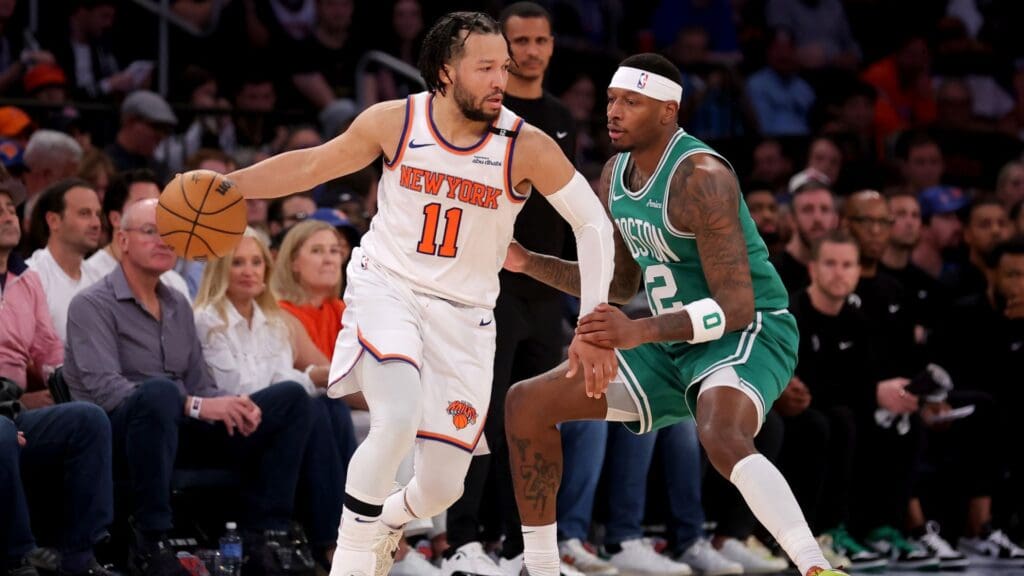 May 16, 2025; New York, New York, USA; New York Knicks guard Jalen Brunson (11) controls the ball against Boston Celtics forward Torrey Craig (12) during the fourth quarter of game six in the second round of the 2025 NBA Playoffs at Madison Square Garden