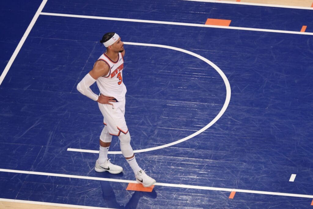 May 23, 2025; New York, New York, USA; New York Knicks guard Josh Hart (3) looks on in the fourth quarter against the Indiana Pacers during game two of the eastern conference finals for the 2025 NBA Playoffs at Madison Square Garden.