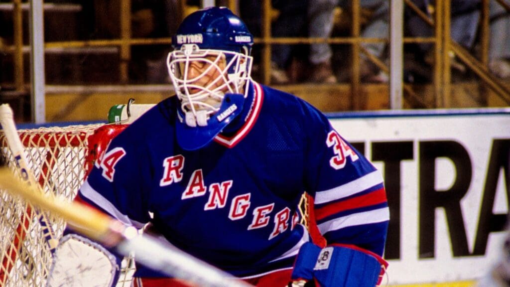 New York Rangers goalie John Vanbiesbrouck (34) in action against the Los Angeles Kings at The Forum.