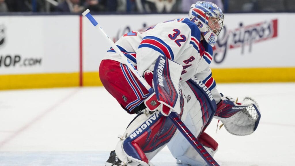 Feb 8, 2025; Columbus, Ohio, USA; New York Rangers goaltender Jonathan Quick (32) follows the puck in play against the Columbus Blue Jackets in the second period at Nationwide Arena
