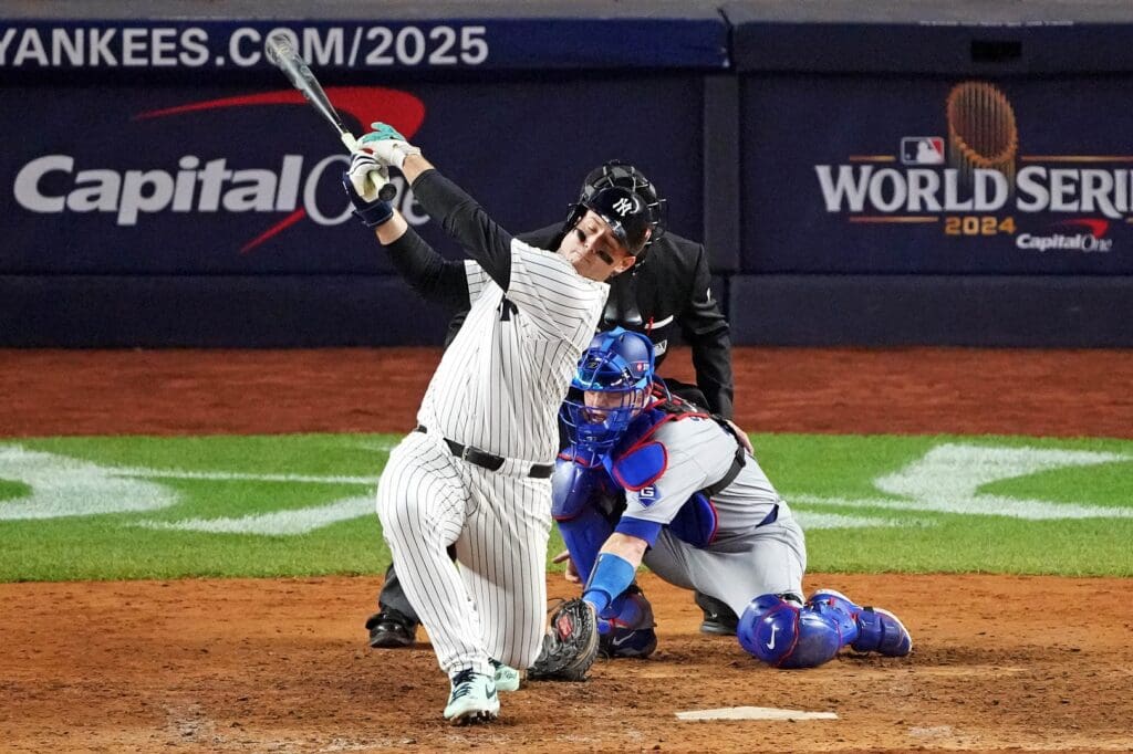 Oct 30, 2024; New York, New York, USA; New York Yankees first baseman Anthony Rizzo (48) strikes out to end the eighth inning against the Los Angeles Dodgers in game four of the 2024 MLB World Series at Yankee Stadium.