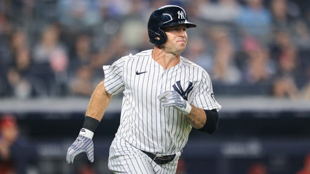 Jul 20, 2021; Bronx, New York, USA; New York Yankees left fielder Brett Gardner (11) hits a solo home run during the fifth inning against the Philadelphia Phillies at Yankee Stadium.
