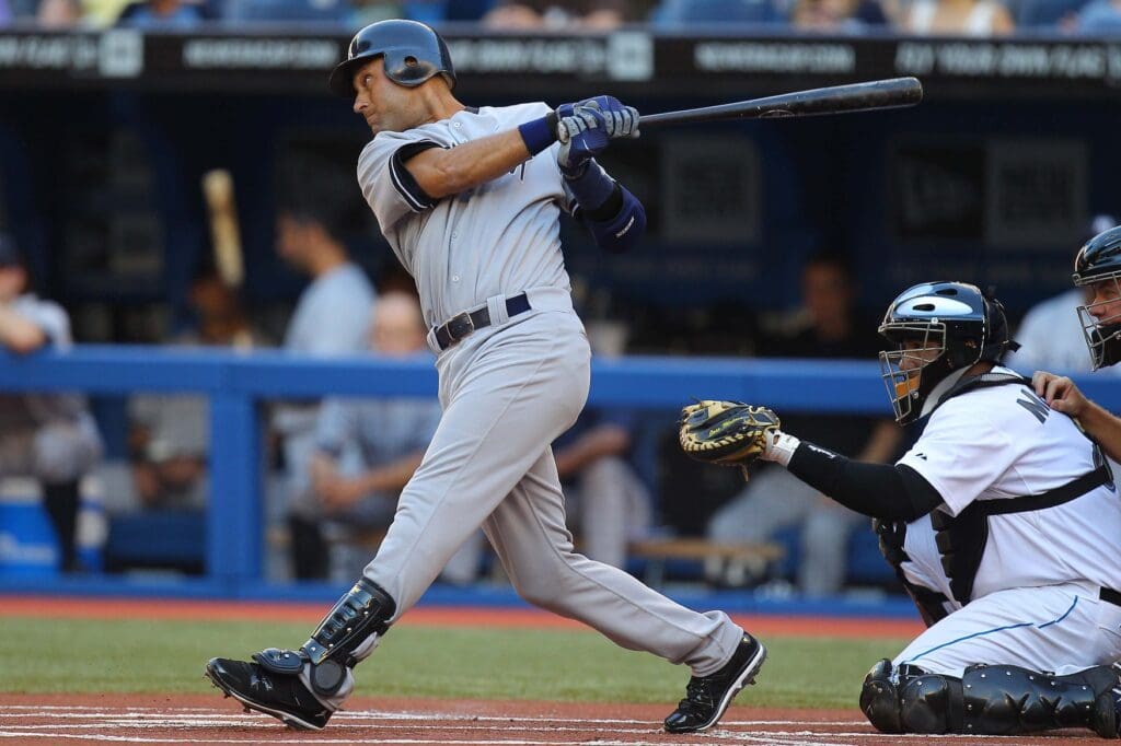 Jul 15, 2011; Toronto, ON, Canada; New York Yankees shortstop Derek Jeter (2) bats against the Toronto Blue Jays at the Rogers Centre. The Blue Jays beat the Yankees 7-1.