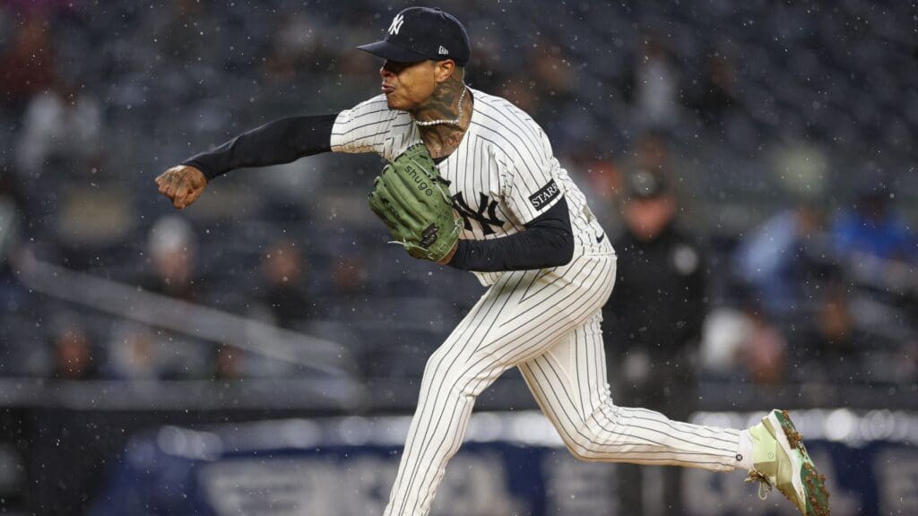 Apr 11, 2025; Bronx, New York, USA; New York Yankees starting pitcher Marcus Stroman (0) delivers a pitch during the first inning against the San Francisco Giants at Yankee Stadium.