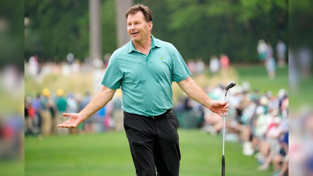 Nick Faldo reacts after just missing a putt on No. 7 during the Par 3 Contest at The Masters in 2022. Usp Golf Masters Tournament Par 3 Contest S Glf Usa Ga