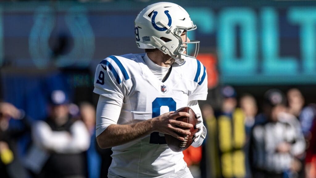 Jan 1, 2023; East Rutherford, New Jersey, USA; Indianapolis Colts quarterback Nick Foles (9) looks to pass the ball against the New York Giants during the first half at MetLife Stadium.
