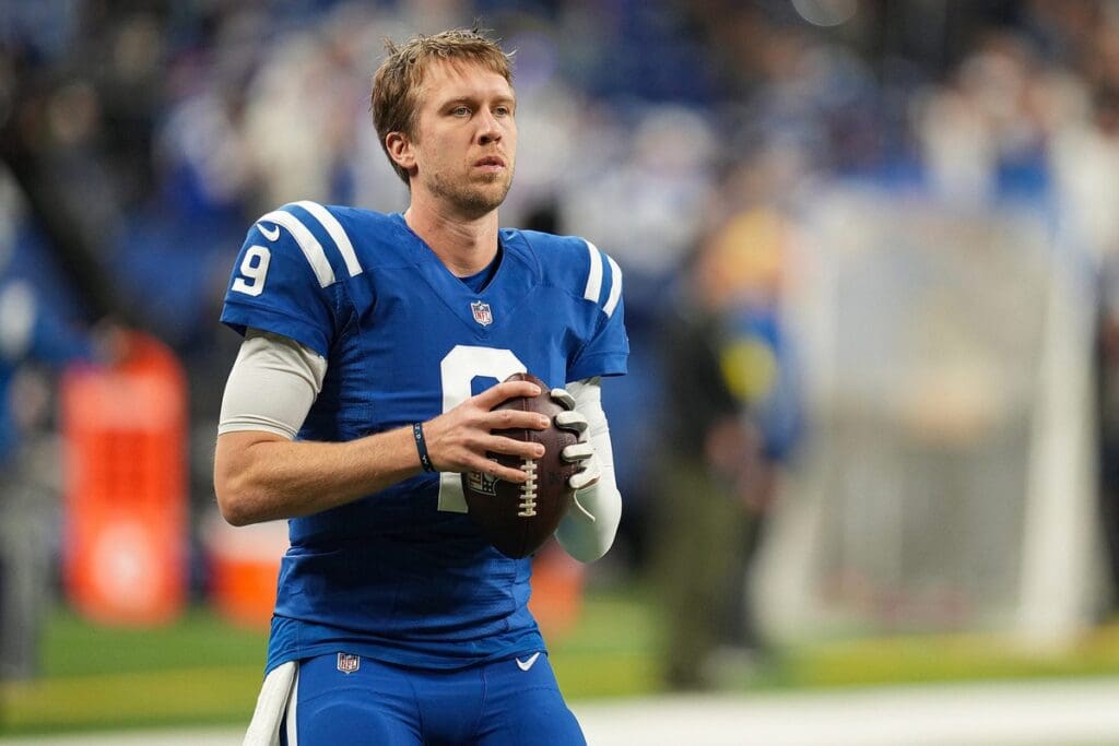 Indianapolis Colts quarterback Nick Foles (9) warms up on Monday, Dec. 26, 2022, before the game against the Los Angeles Chargers at Lucas Oil Stadium in Indianapolis. Nfl Los Angeles Chargers At Indianapolis Colts