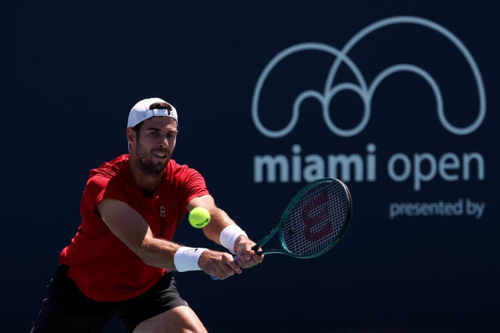 Mar 21, 2025; Miami, FL, USA; Karen Khachanov hits a backhand against Nick Kyrgios (AUS) (not pictured) on day four of the Miami Open at Hard Rock Stadium.