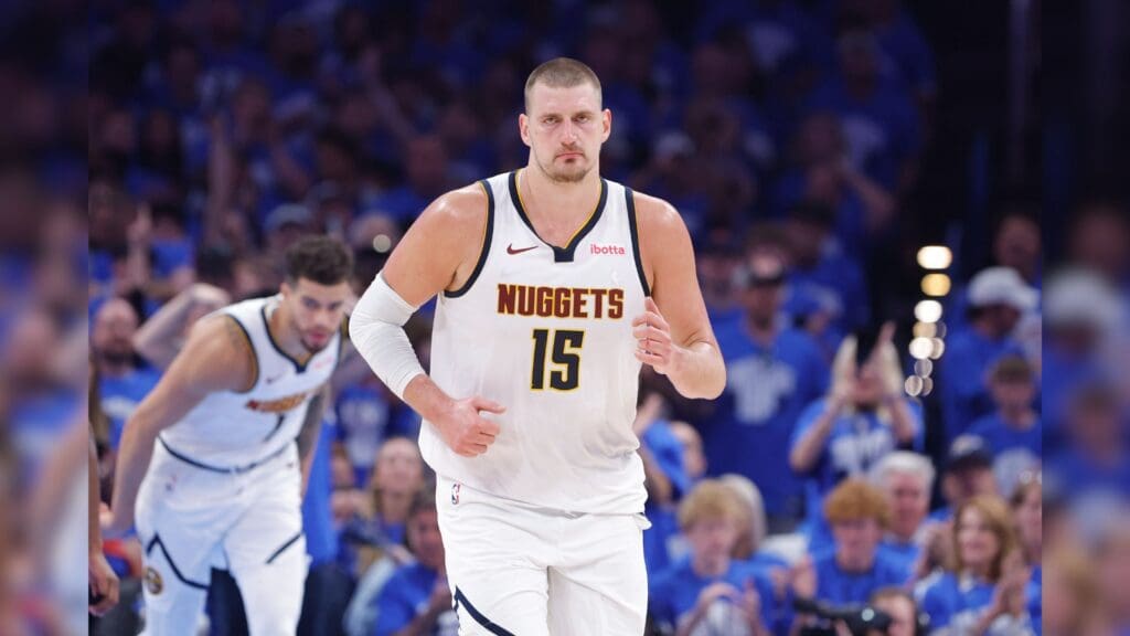May 18, 2025; Oklahoma City, Oklahoma, USA; Denver Nuggets center Nikola Jokic (15) runs down the court against the Oklahoma City Thunder in the second quarter during game seven of the second round for the 2025 NBA Playoffs at Paycom Center.