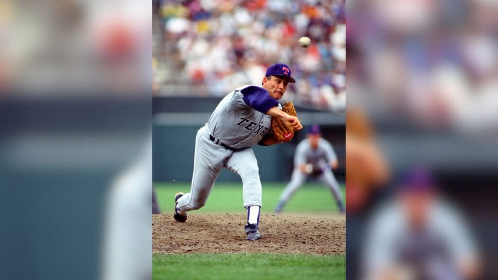 Jul 26, 1992; Baltimore, MD, USA; FILE PHOTO; Texas Rangers pitcher (34) Nolan Ryan delivers a pitch against the the Baltimore Orioles at Camden Yards.