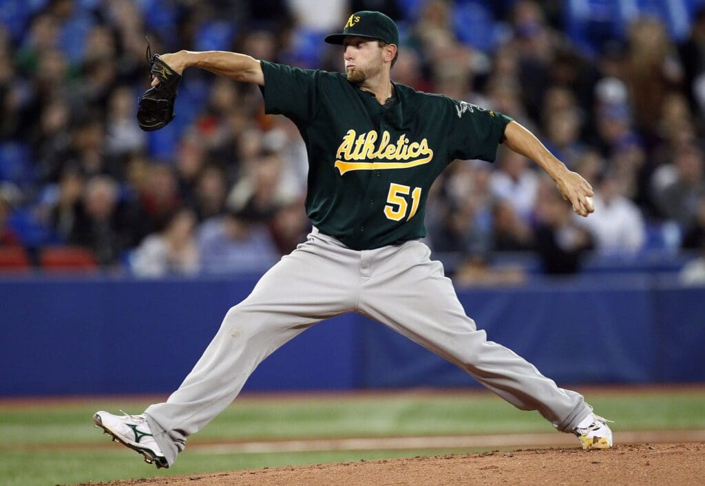 Oakland Athletics starting pitcher Dallas Braden (51) delivers a pitch against the Toronto Blue Jays at the Rogers Centre.
