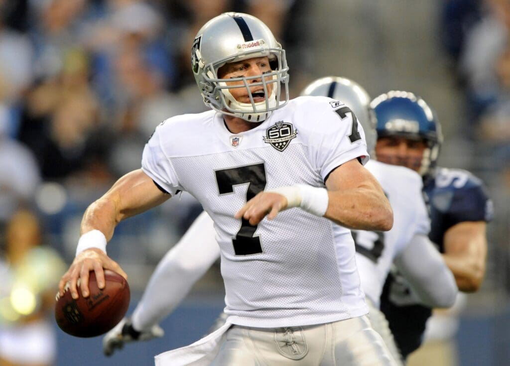 Sep 3, 2009; Seattle, WA, USA; Oakland Raiders quarterback Jeff Garcia (7) throws a pass during the game against the Seattle Seahawks at Qwest Field.