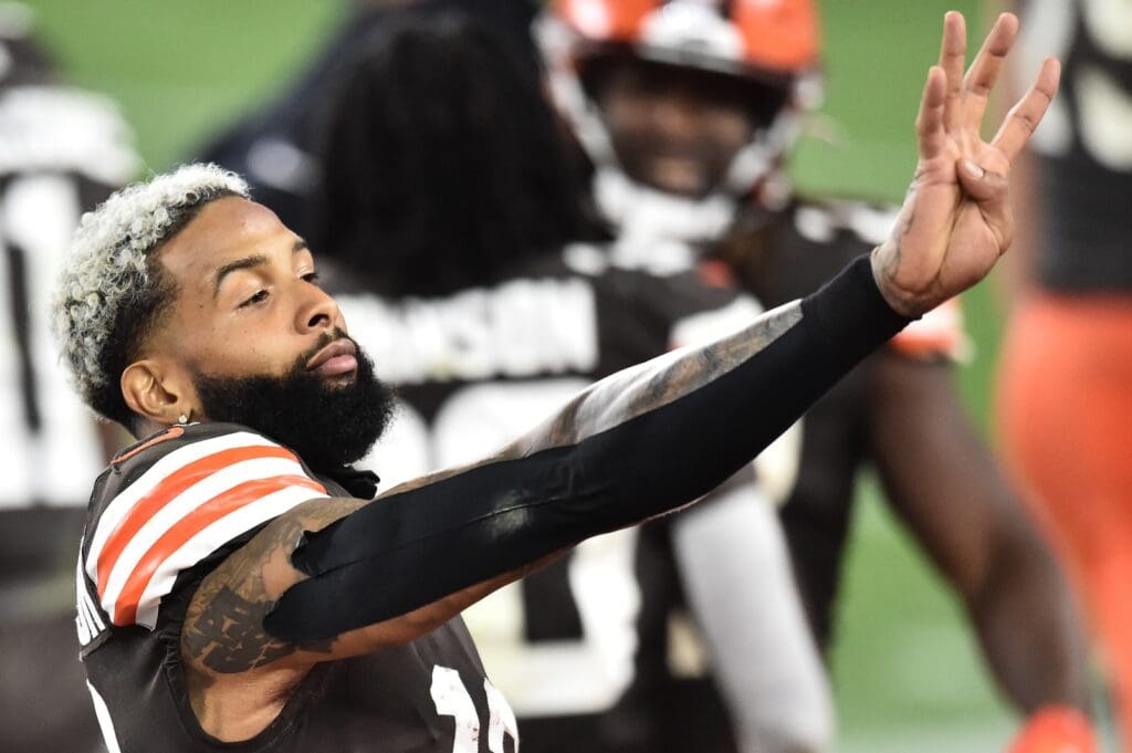 Oct 11, 2020; Cleveland, Ohio, USA; Cleveland Browns wide receiver Odell Beckham Jr. (13) holds up four fingers to signify four wins for the Browns late in the fourth quarter against the Indianapolis Colts at FirstEnergy Stadium. 