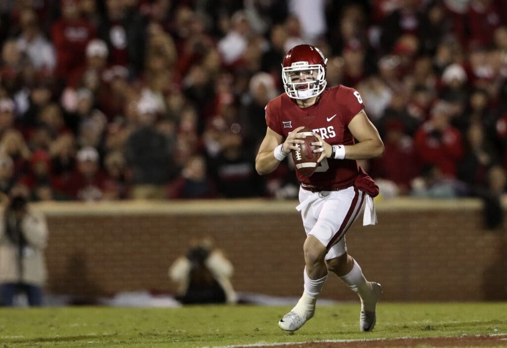 Oct 28, 2017; Norman, OK, USA; Oklahoma Sooners quarterback Baker Mayfield (6) during the game against the Texas Tech Red Raiders at Gaylord Family - Oklahoma Memorial Stadium.