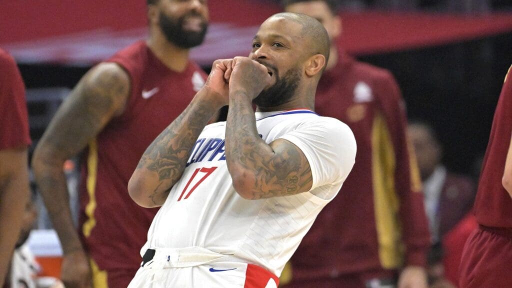 Apr 7, 2024; Los Angeles, California, USA; Los Angeles Clippers forward P.J. Tucker (17) reacts after being called for a foul in the first half against the Cleveland Cavaliers at Crypto.com Arena.