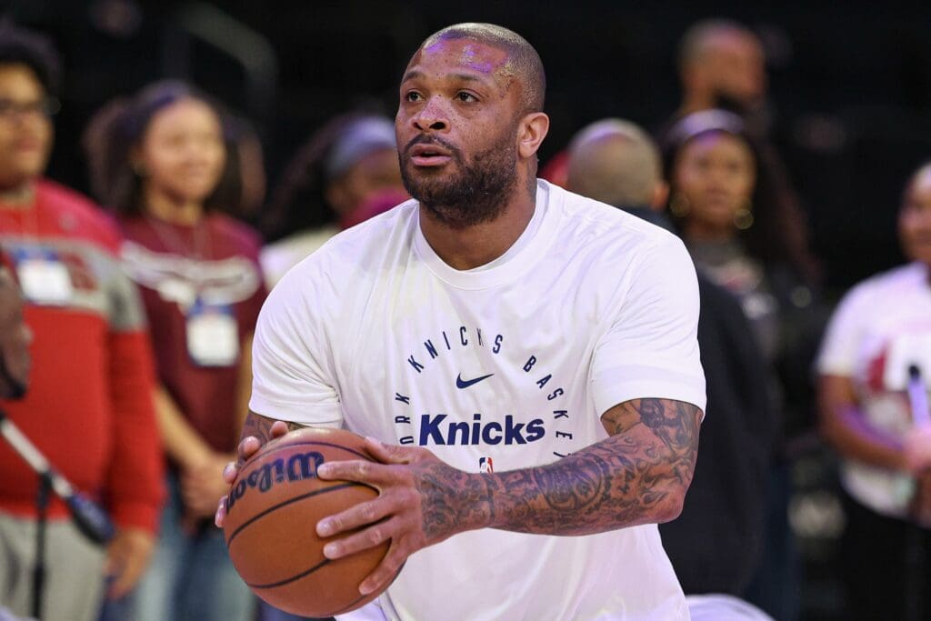Mar 22, 2025; New York, New York, USA; New York Knicks forward P.J. Tucker (17) warms up before the game against the Washington Wizards at Madison Square Garden. Mandatory Credit: Vincent Carchietta-Imagn Images