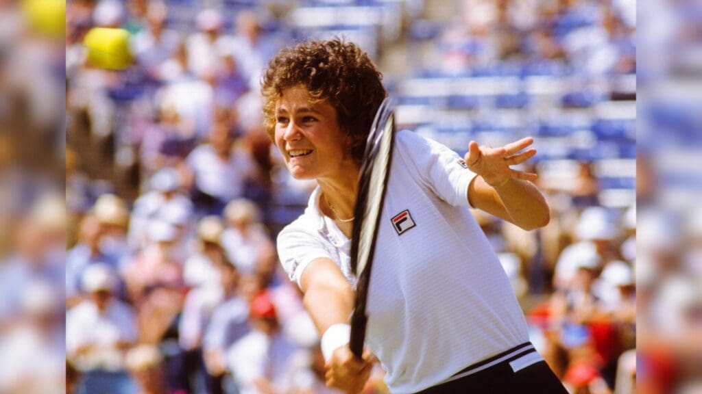 Sep 10, 1982; New York City, New York, USA: FILE PHOTO; Pam Shriver (USA) hits a backhand volley during the 1981 US Open at the USTA National Tennis Center. 