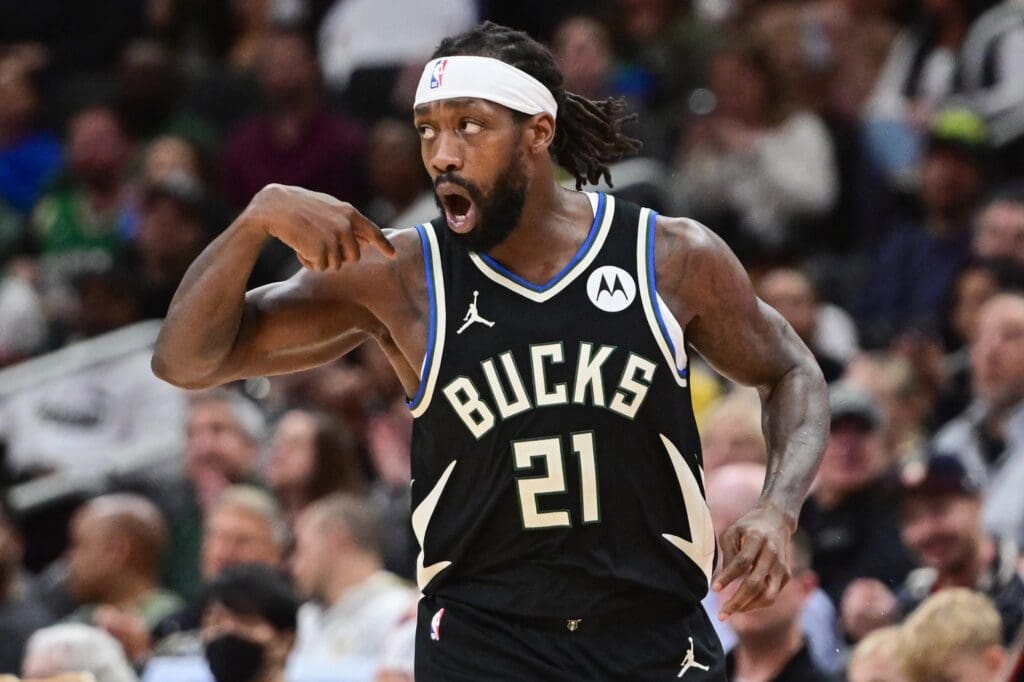 Apr 9, 2024; Milwaukee, Wisconsin, USA; Milwaukee Bucks guard Patrick Beverley (21) reacts after scoring a basket in the third quarter against the Boston Celtics at Fiserv Forum. Mandatory Credit: Benny Sieu-USA TODAY Sports
