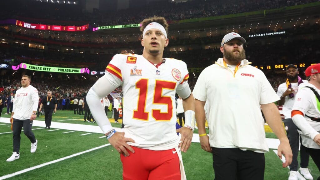 Feb 9, 2025; New Orleans, LA, USA; Kansas City Chiefs quarterback Patrick Mahomes (15) reacts after losing to the Philadelphia Eagles in Super Bowl LIX at Ceasars Superdome.