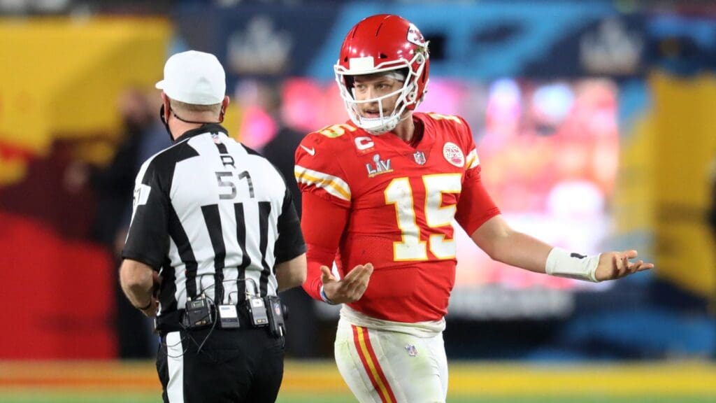 Feb 4, 2020; Tampa, FL, USA; Kansas City Chiefs quarterback Patrick Mahomes (15) with NFL referee Carl Cheffers against the Tampa Bay Buccaneers in Super Bowl LV at Raymond James Stadium.