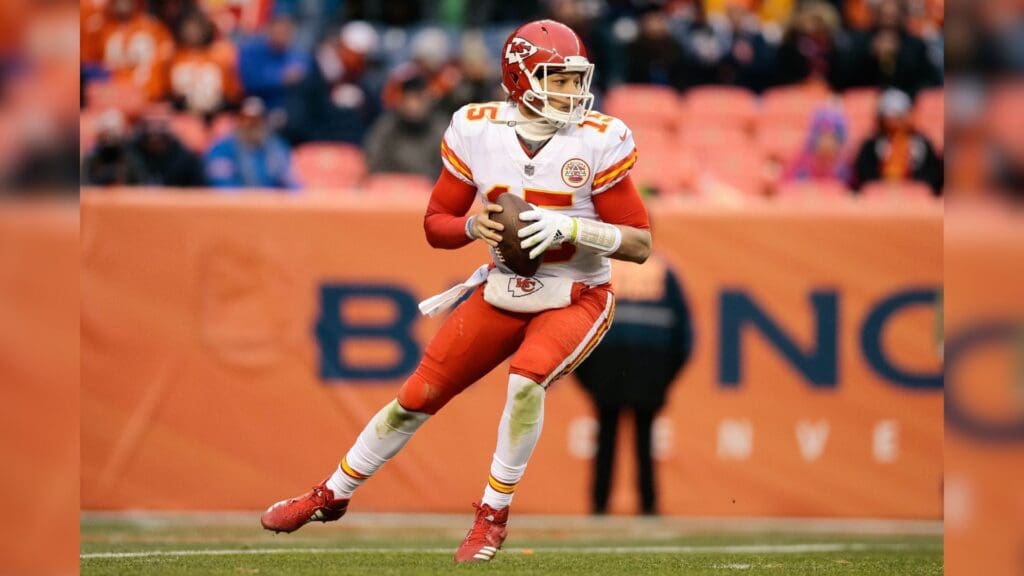 Dec 31, 2017; Denver, CO, USA; Kansas City Chiefs quarterback Patrick Mahomes (15) drops back to pass in the third quarter against the Denver Broncos at Sports Authority Field at Mile High.