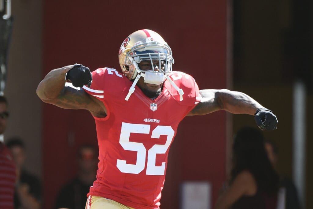 October 5, 2014; Santa Clara, CA, USA; San Francisco 49ers inside linebacker Patrick Willis (52) during player introductions before the game against the Kansas City Chiefs at Levi's Stadium. Mandatory Credit: Kyle Terada-USA TODAY Sports