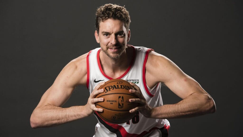 Sep 30, 2019; Portland, OR, USA; Portland Trail Blazers center Pau Gasol (16) poses for pictures on media day at Veterans Memorial Coliseum. Mandatory Credit: Troy Wayrynen-Imagn Images