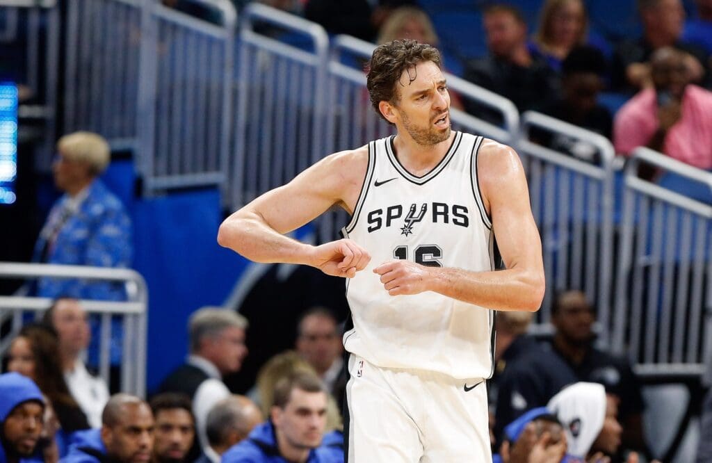 Oct 27, 2017; Orlando, FL, USA; San Antonio Spurs forward Pau Gasol (16) reacts against the Orlando Magic during the first quarter at Amway Center.