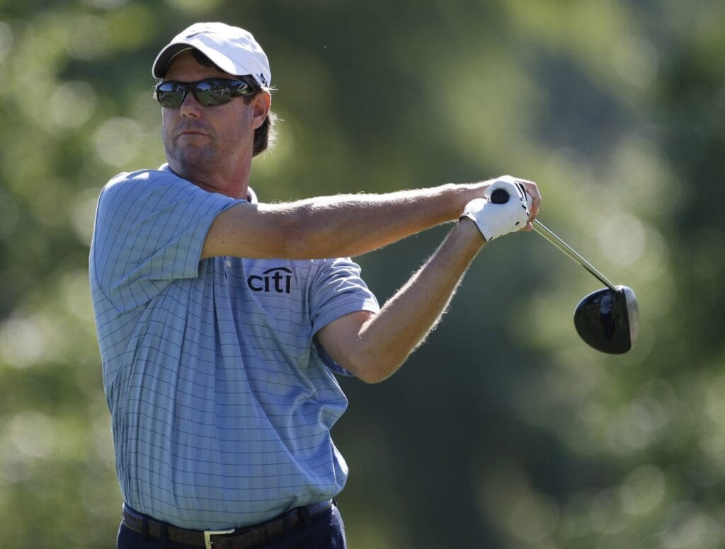August 8, 2008; Bloomfield Township, MI, USA; Paul Azinger follows through on his tee shot on the 14th hole during the second round of the PGA Championship at Oakland Hills Country Club.