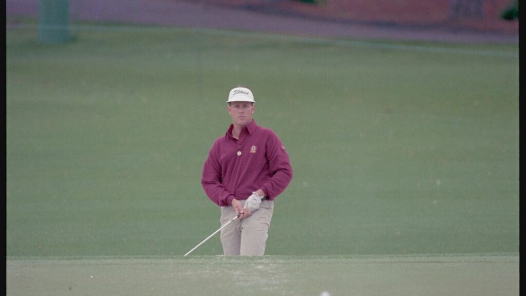 04/05/1989; Augusta, Georgia USA; Payne Stewart watches the ball roll on the green at the Augusta National Golf Course during the 1989 Masters.