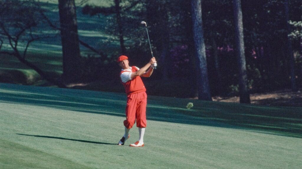 04/09/1987; Augusta, Georgia, USA; Payne Stewart uses an iron to advance the ball toward the green at the Augusta National Golf Course during the 1987 Masters.