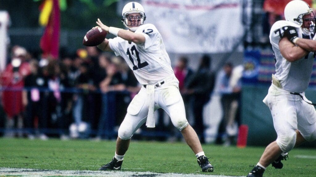 Jan 1, 1994; Orlando, FL, USA; FILE PHOTO; Penn State Nittany Lions quarterback Kerry Collins (12) in action against the Tennessee Volunteers during the 1994 Citrus Bowl.