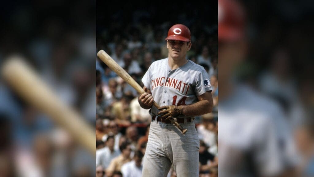 Aug 1969; Pittsburgh, PA, USA; FILE PHOTO; Cincinnati Reds outfielder Pete Rose (14) walks up to bat during the 1969 season.