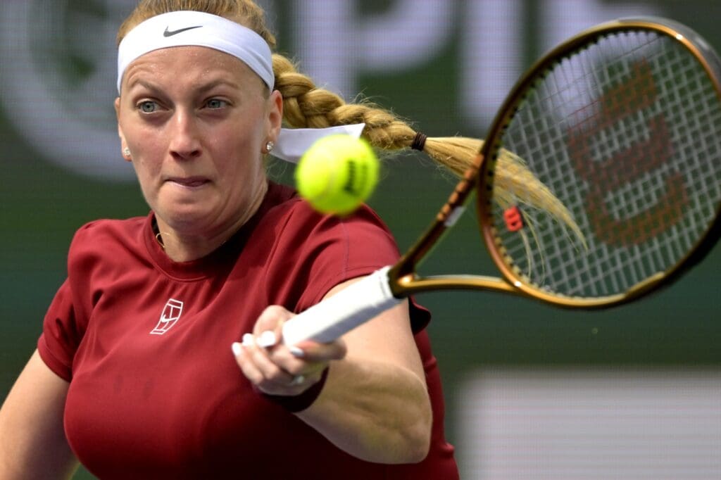 Mar 5, 2025; Indian Wells, CA, USA; Petra Kvitova (CZE) hits a shot against Varvara Gracheva (not pictured) in her first round match during the BNP Paribas Open at the Indian Well Tennis Garden.