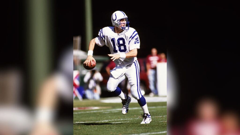 Oct 18, 1998; San Francisco, CA, USA; FILE PHOTO; Indianapolis Colts quarterback Peyton Manning (18) in action against the San Francisco 49ers at 3Com Park.