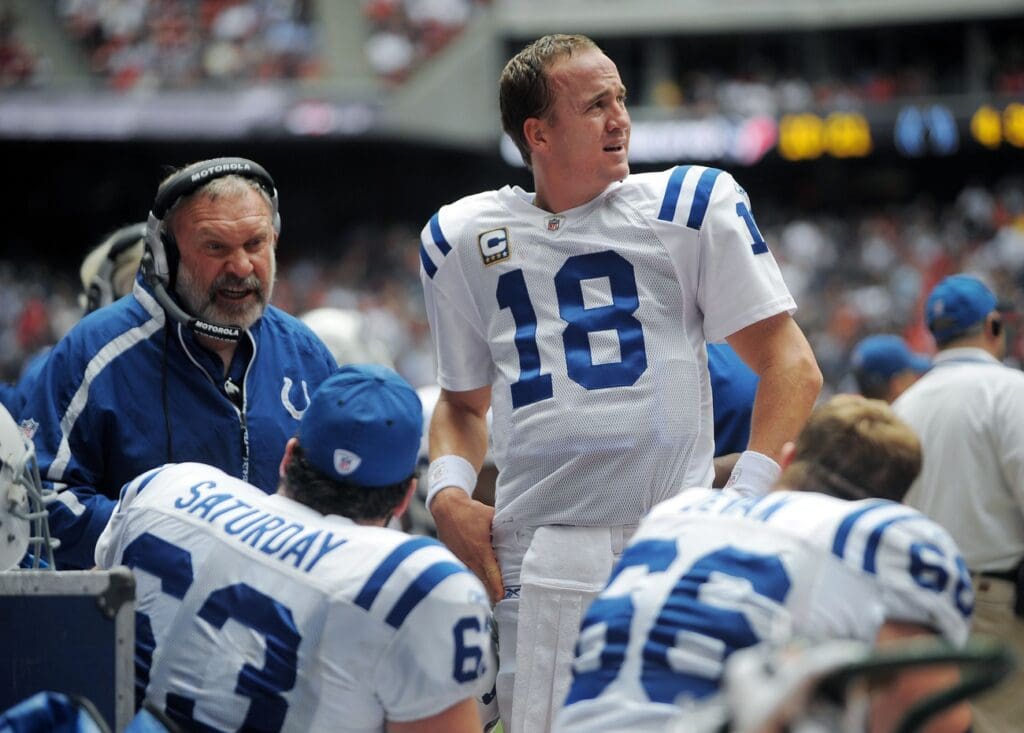 Indianapolis Colts quarterback Peyton Manning and Howard Mudd,left, talk to the offensive line in the second quarter of their game Sunday afternoon at Reliant Stadium in Houston TX. The Colts defeated the Texans 35-27. 61 Spcolts30 171760