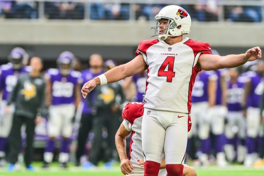 Oct 14, 2018; Minneapolis, MN, USA; Arizona Cardinals kicker Phil Dawson (4) in action during the game between the Minnesota Vikings and the Arizona Cardinals at U.S. Bank Stadium.